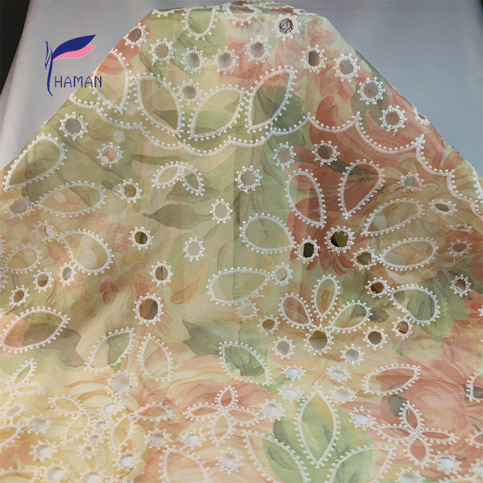 100% Polyester Summer Style Tie-Dyed Bony Mesh Fabric Computer-Embroidered Fashion Dress with Floral Design for Sofa Use - Image 2