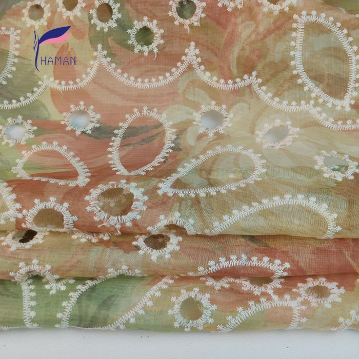 100% Polyester Summer Style Tie-Dyed Bony Mesh Fabric Computer-Embroidered Fashion Dress with Floral Design for Sofa Use - Image 7