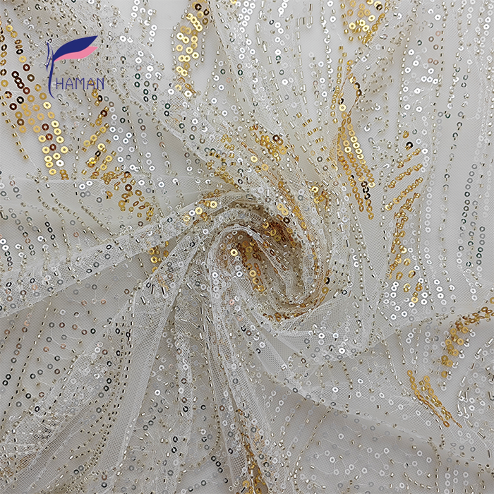 Sparkling 100% Nylon Mesh Fabric with White & Gold Sequins Tubes for Fashion Clothing & Wedding Costume Decoration for Girls - Image 7