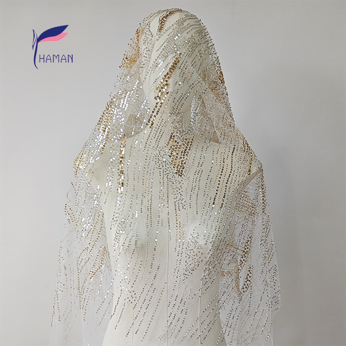 Sparkling 100% Nylon Mesh Fabric with White & Gold Sequins Tubes for Fashion Clothing & Wedding Costume Decoration for Girls - Image 6