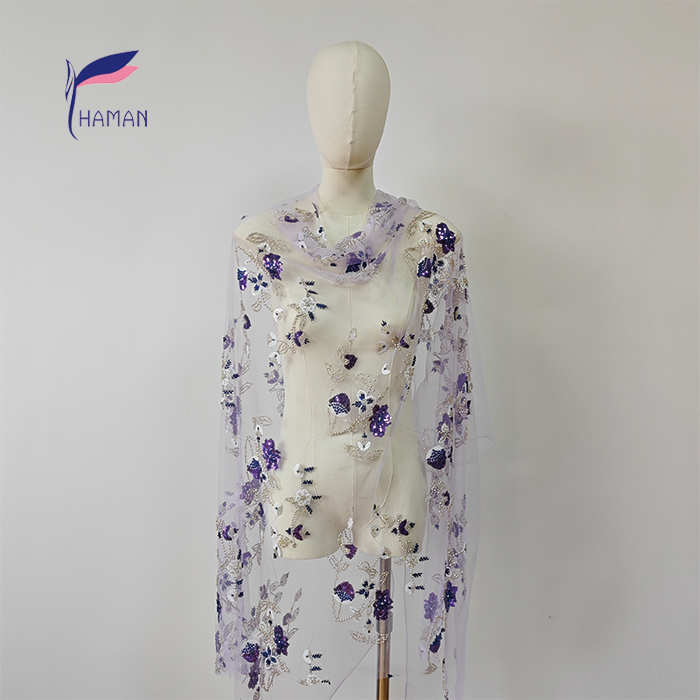Luxury Floral Pattern Nylon Mesh Fabric Purple Sequins White Tubes Glamorous Design for Bridal/Dancewear Garments for Weddings - Image 6