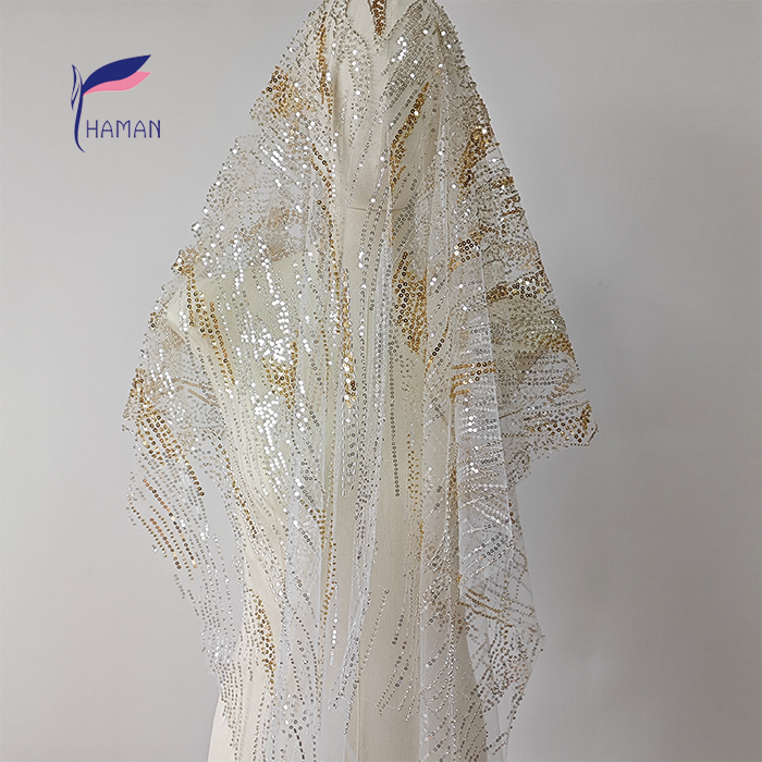 Sparkling 100% Nylon Mesh Fabric with White & Gold Sequins Tubes for Fashion Clothing & Wedding Costume Decoration for Girls - Image 5