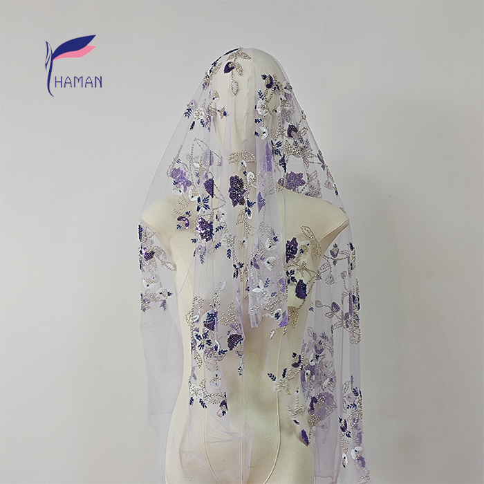 Luxury Floral Pattern Nylon Mesh Fabric Purple Sequins White Tubes Glamorous Design for Bridal/Dancewear Garments for Weddings - Image 3
