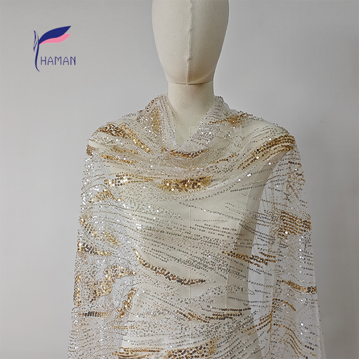 Sparkling 100% Nylon Mesh Fabric with White & Gold Sequins Tubes for Fashion Clothing & Wedding Costume Decoration for Girls - Image 4