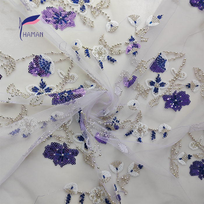 Luxury Floral Pattern Nylon Mesh Fabric Purple Sequins White Tubes Glamorous Design for Bridal/Dancewear Garments for Weddings - Image 4