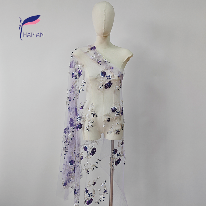 Luxury Floral Pattern Nylon Mesh Fabric Purple Sequins White Tubes Glamorous Design for Bridal/Dancewear Garments for Weddings - Image 2