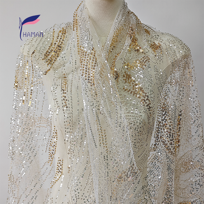 Sparkling 100% Nylon Mesh Fabric with White & Gold Sequins Tubes for Fashion Clothing & Wedding Costume Decoration for Girls - Image 2