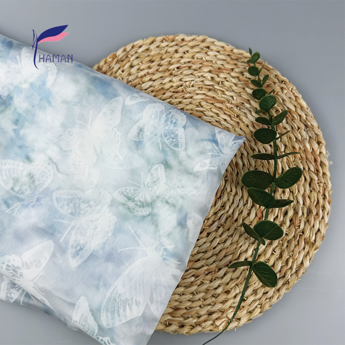 Wholesale 40gsm Lightweight Luxury 100% Polyester Jacquard Scarf Fabric Powder Blue Base Woven Butterfly Motifs for Cheongsam - Image 2