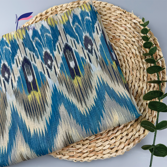 Wholesale 60gsm 100% Polyester Geometric Fabric Electric Blue Gold Zigzag Metallic Foil Lines Ultra-Sheer Non-See-Through Luxury - Image 5