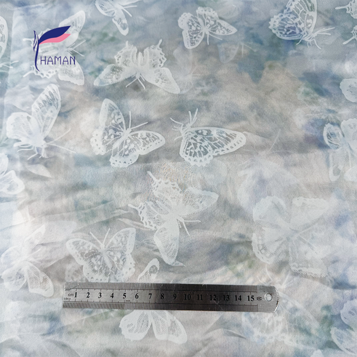 Wholesale 40gsm Lightweight Luxury 100% Polyester Jacquard Scarf Fabric Powder Blue Base Woven Butterfly Motifs for Cheongsam - Image 3