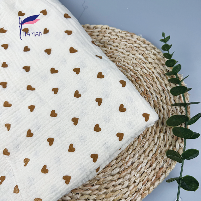 Wholesale 100% Cotton Crinkle Bubble Fabric Creamy Beige with All-Over Hearts Pattern 125gsm Textured Apparel Pants Skirts - Image 4
