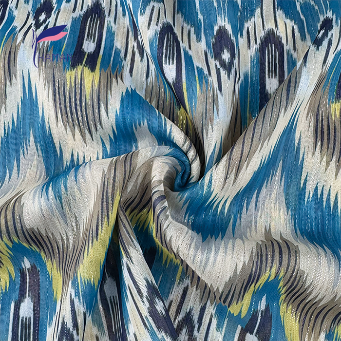 Wholesale 60gsm 100% Polyester Geometric Fabric Electric Blue Gold Zigzag Metallic Foil Lines Ultra-Sheer Non-See-Through Luxury - Image 4