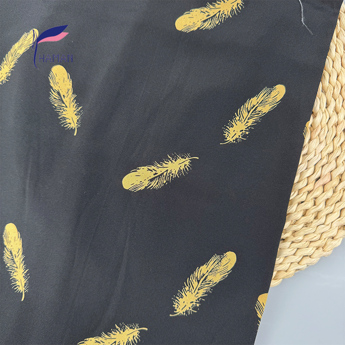 100% Silk Crepe Fabric Printed Stretch Design Golden Feathers 160cm Black Color Woven Lightweight Breathable Dress for Girls - Image 6