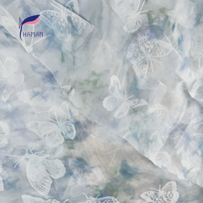 Wholesale 40gsm Lightweight Luxury 100% Polyester Jacquard Scarf Fabric Powder Blue Base Woven Butterfly Motifs for Cheongsam - Image 4