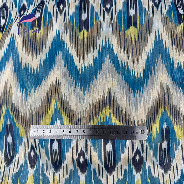 Wholesale 60gsm 100% Polyester Geometric Fabric Electric Blue Gold Zigzag Metallic Foil Lines Ultra-Sheer Non-See-Through Luxury - Image 3