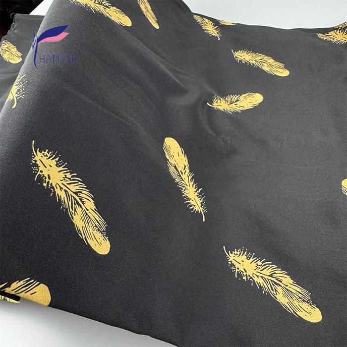 100% Silk Crepe Fabric Printed Stretch Design Golden Feathers 160cm Black Color Woven Lightweight Breathable Dress for Girls - Image 4