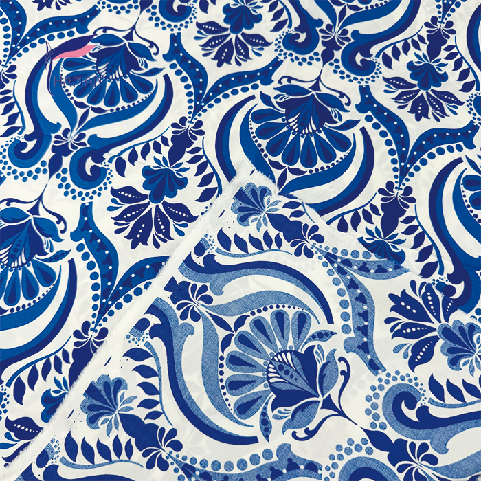 Blue & White Oriental Floral 100% Cotton Poplin 86gsm - Soft Porcelain Print Fabric for Dresses, Pants & Qipao - Image 3