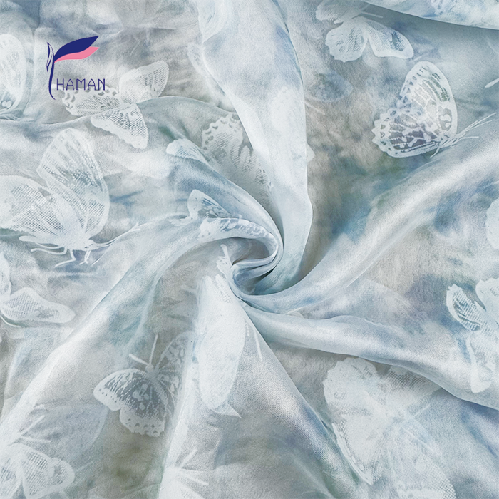 Wholesale 40gsm Lightweight Luxury 100% Polyester Jacquard Scarf Fabric Powder Blue Base Woven Butterfly Motifs for Cheongsam - Image 5