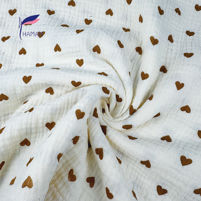 Wholesale 100% Cotton Crinkle Bubble Fabric Creamy Beige with All-Over Hearts Pattern 125gsm Textured Apparel Pants Skirts - Image 2