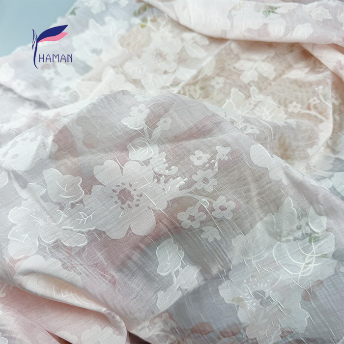 Wholesale 100% Polyester Crinkle Fabric - Pink Floral Print on Textured Base, 55gsm Ultra-Sheer for Luxury Scarves & Cheongsam - Image 5