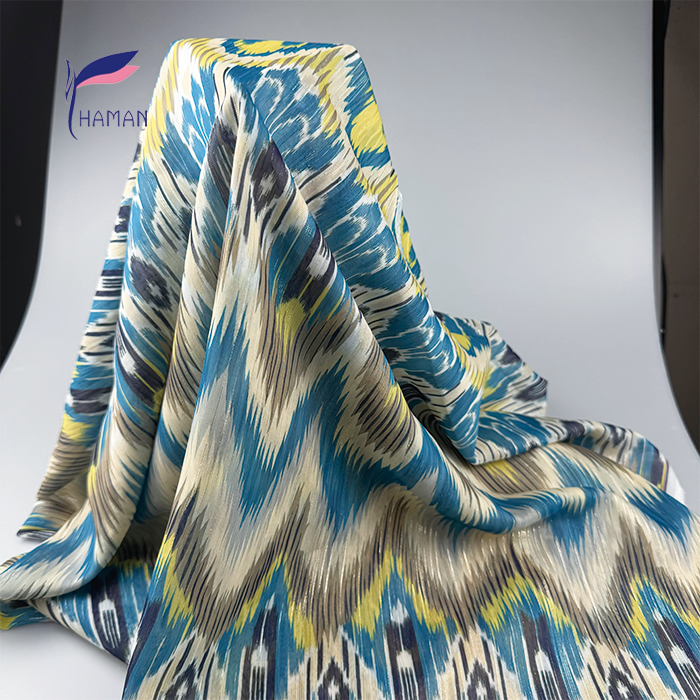 Wholesale 60gsm 100% Polyester Geometric Fabric Electric Blue Gold Zigzag Metallic Foil Lines Ultra-Sheer Non-See-Through Luxury - Image 6