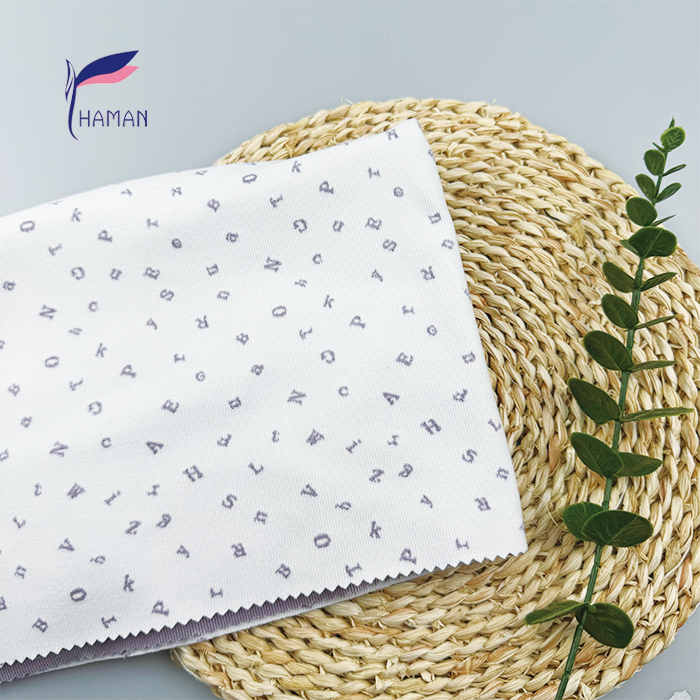Wholesale 92%P8%SP Jacquard Knit - White Base W/ Lavender Typography Print, 240gsm Heavyweight for Premium Loungewear & Dresses - Image 5