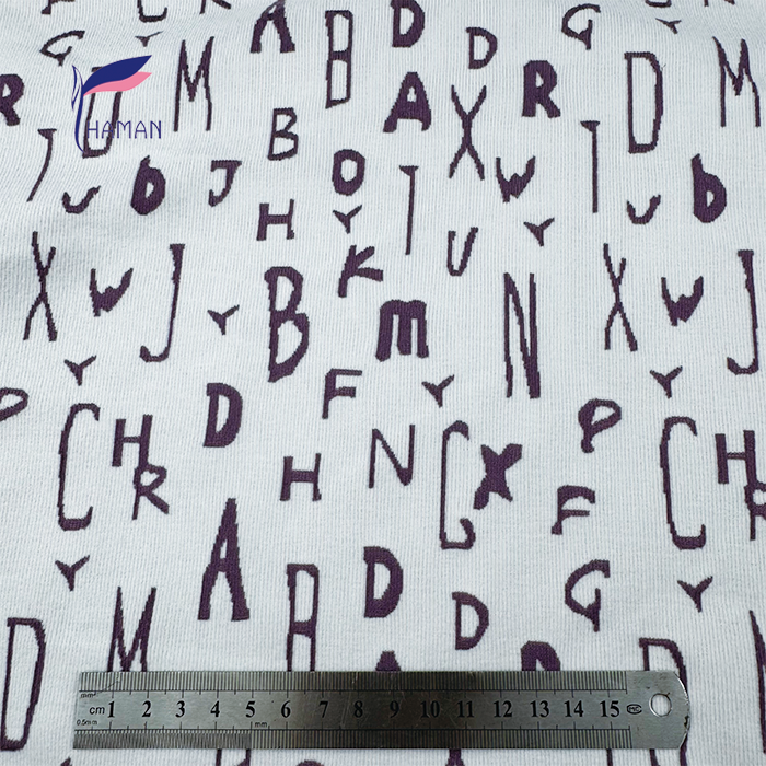 Wholesale Custom Knit Polyester Spandex Fabric 92%P 8%SP 260gsm White Base Purple Print for Children's Wear Home Decor - Image 4