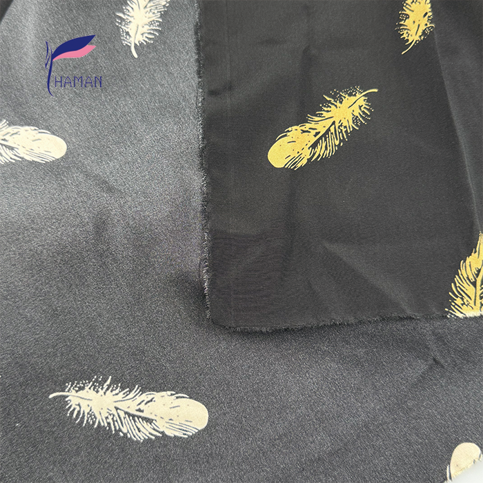 100% Silk Crepe Fabric Printed Stretch Design Golden Feathers 160cm Black Color Woven Lightweight Breathable Dress for Girls - Image 5
