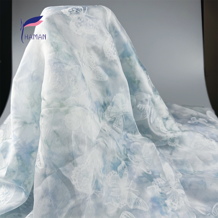 Wholesale 40gsm Lightweight Luxury 100% Polyester Jacquard Scarf Fabric Powder Blue Base Woven Butterfly Motifs for Cheongsam - Image 6