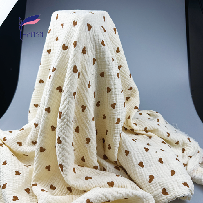 Wholesale 100% Cotton Crinkle Bubble Fabric Creamy Beige with All-Over Hearts Pattern 125gsm Textured Apparel Pants Skirts - Image 6