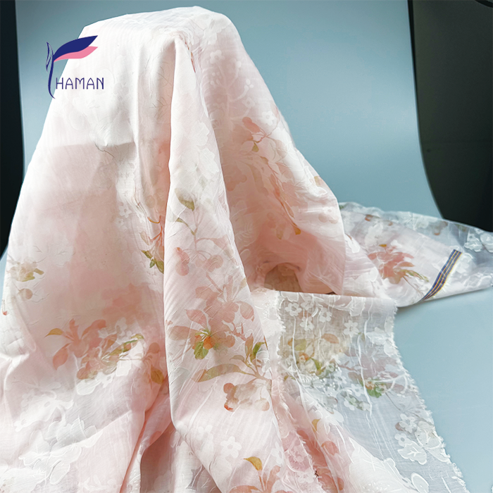 Wholesale 100% Polyester Crinkle Fabric - Pink Floral Print on Textured Base, 55gsm Ultra-Sheer for Luxury Scarves & Cheongsam - Image 6