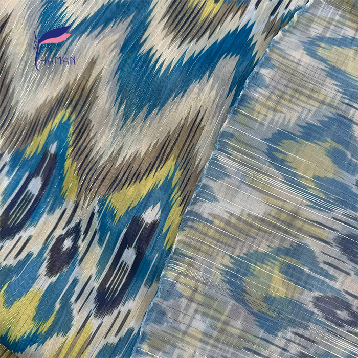 Wholesale 60gsm 100% Polyester Geometric Fabric Electric Blue Gold Zigzag Metallic Foil Lines Ultra-Sheer Non-See-Through Luxury - Image 2