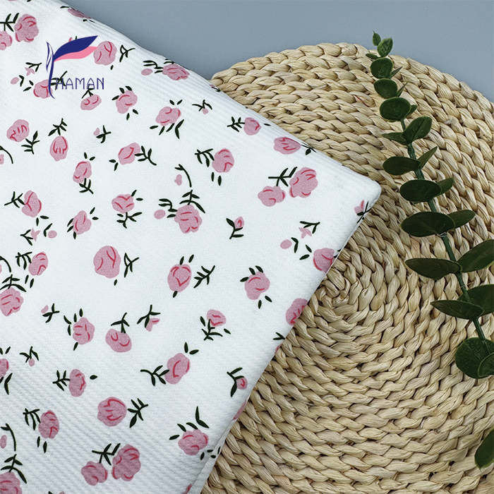 Wholesale 94%P6%SP Jacquard Knit - White Base W/ Printed Pink Ditsy Floral, 240gsm Heavyweight for Loungewear & Dresses - Image 2