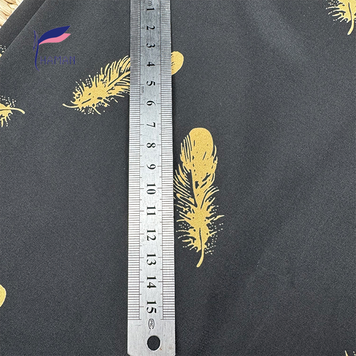 100% Silk Crepe Fabric Printed Stretch Design Golden Feathers 160cm Black Color Woven Lightweight Breathable Dress for Girls - Image 3