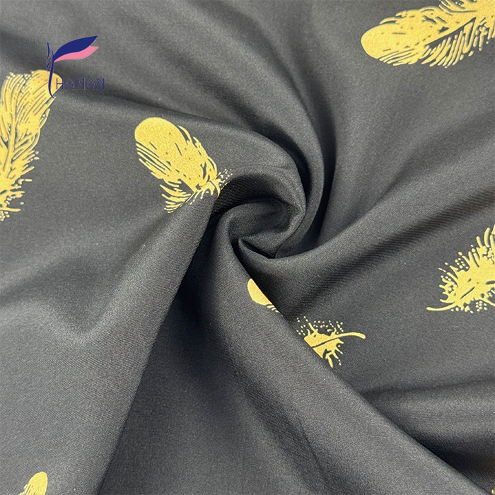 100% Silk Crepe Fabric Printed Stretch Design Golden Feathers 160cm Black Color Woven Lightweight Breathable Dress for Girls - Image 2