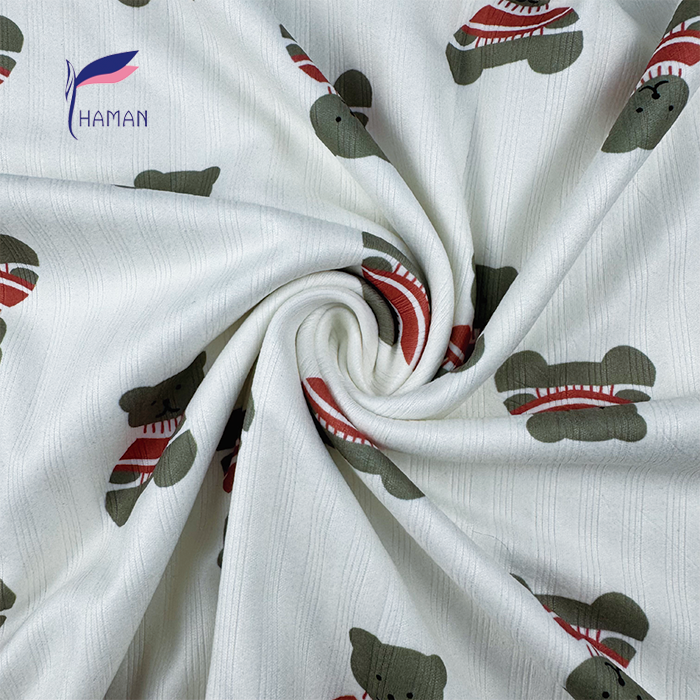 Wholesale 94% Polyester 6% Spandex White Bear Print Knitted Fabric 240gsm for Kids Wear Home Textile, Factory Price - Image 2