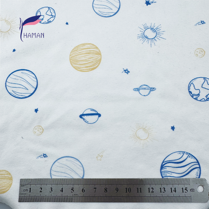 Low Price Wholesale 260gsm 92%P 8%Spandex Knit Polyester Print - White Base Cartoon Planet Pattern for Kids Apparel & Home Decor - Image 7