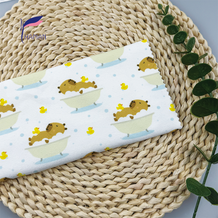 Wholesale Comfortable Low Price 260gsm 92%P 8%Spandex Knit Print - White Capybara Cartoon for Kids Pajamas & Home Decor - Image 6