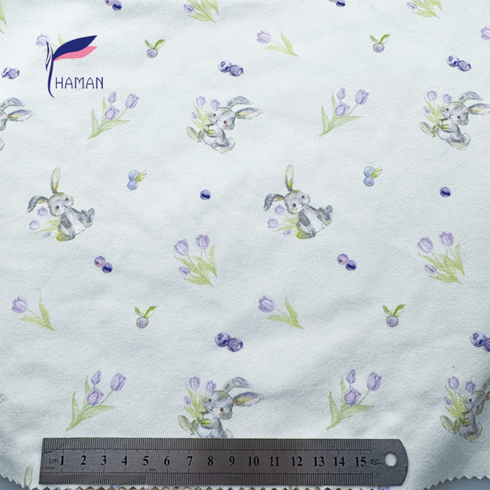 Wholesale Comfortable Low Price 260gsm 92%P 8%Spandex Knit Print - White Bunny & Floral Cartoon for Kids Pajamas and House - Image 5