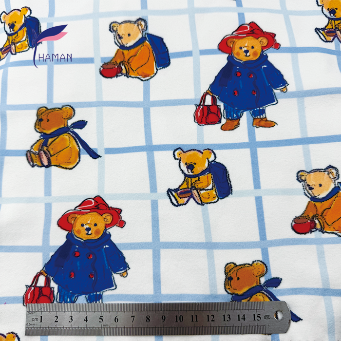 Comfortable Low Price Wholesale 260gsm 92%P 8%Spandex Knit Print - Colorful Bear & Check Pattern for Kids Pajamas & Home Decor - Image 8
