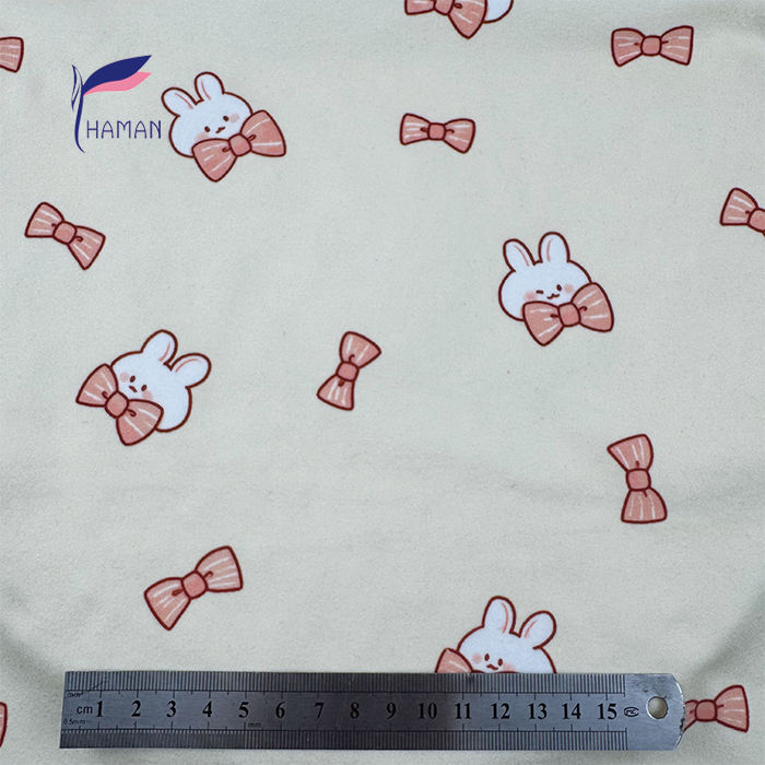 Wholesale Comfortable Low Price 260gsm 92%P 8%Spandex Knit Print - White Rabbits and Bows Cartoon for Kids Pajamas & Home Decor - Image 5