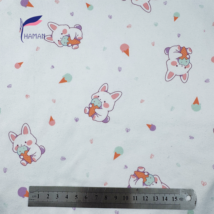 Wholesale Comfortable Low Price 260gsm 92%P 8%Sp Knit Print - White Rabbits & Ice Cream Cartoon for Kids Pajamas & Home Decor - Image 2