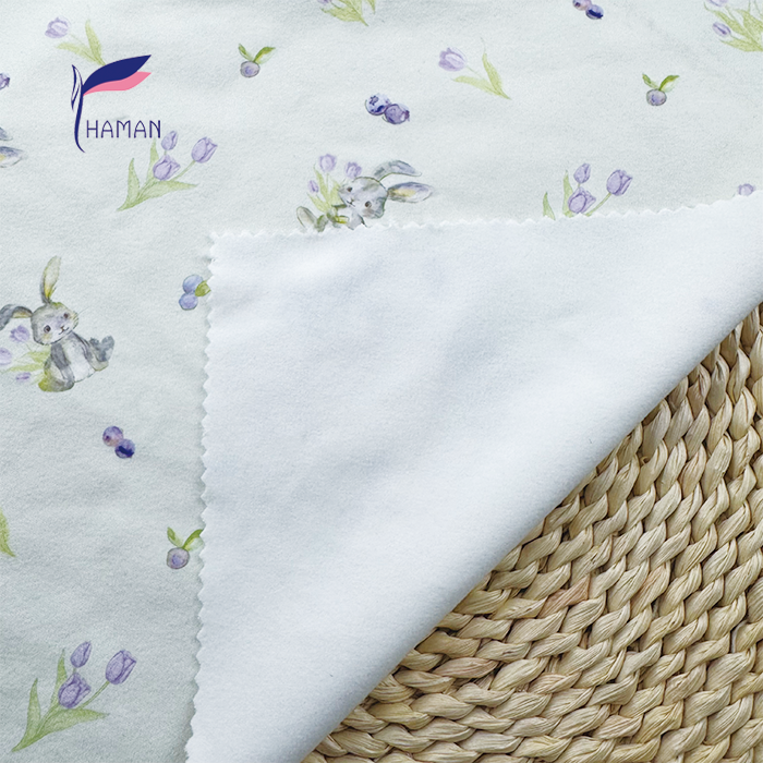 Wholesale Comfortable Low Price 260gsm 92%P 8%Spandex Knit Print - White Bunny & Floral Cartoon for Kids Pajamas and House - Image 4