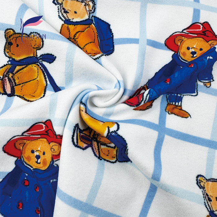 Comfortable Low Price Wholesale 260gsm 92%P 8%Spandex Knit Print - Colorful Bear & Check Pattern for Kids Pajamas & Home Decor - Image 4