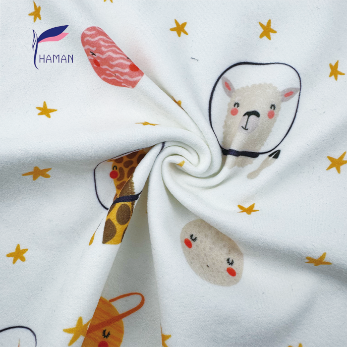 Low Price Wholesale 260gsm 92%P 8%Sp Knit Polyester Print - White Cartoon Animal & Planet Pattern Kids Apparel & Home Decor - Image 4