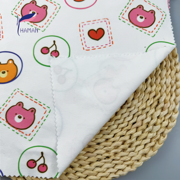 Low Price Wholesale 260gsm 92%P 8%Sp Knit Polyester Print - White Cartoon Bear & Fruit Pattern for Kids Apparel & Home Decor - Image 2