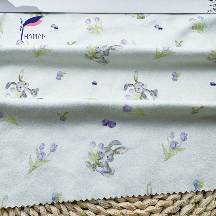 Wholesale Comfortable Low Price 260gsm 92%P 8%Spandex Knit Print - White Bunny & Floral Cartoon for Kids Pajamas and House - Image 3