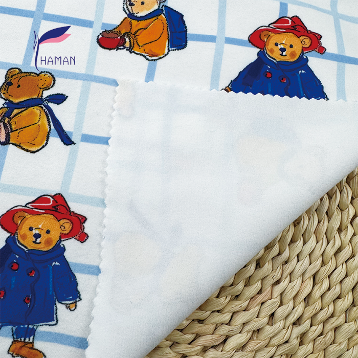 Comfortable Low Price Wholesale 260gsm 92%P 8%Spandex Knit Print - Colorful Bear & Check Pattern for Kids Pajamas & Home Decor - Image 2