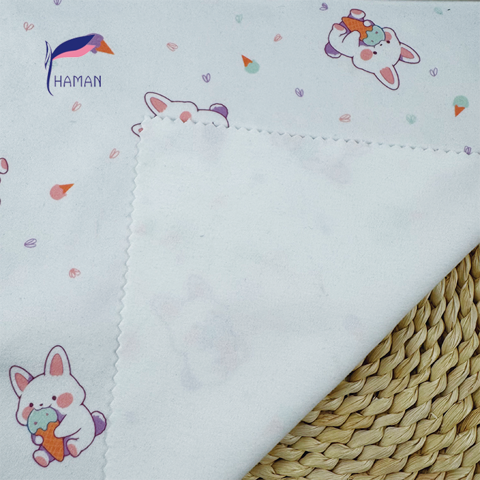 Wholesale Comfortable Low Price 260gsm 92%P 8%Sp Knit Print - White Rabbits & Ice Cream Cartoon for Kids Pajamas & Home Decor - Image 4