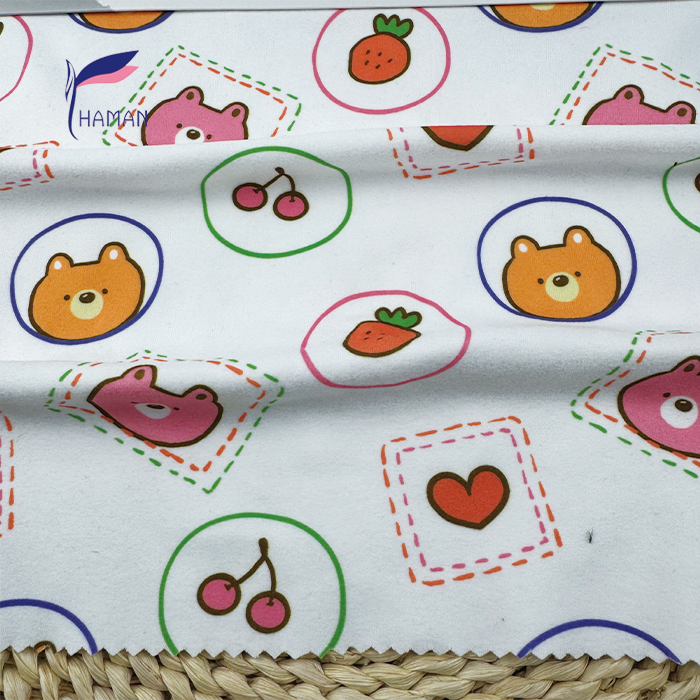 Low Price Wholesale 260gsm 92%P 8%Sp Knit Polyester Print - White Cartoon Bear & Fruit Pattern for Kids Apparel & Home Decor - Image 5